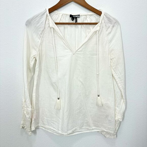 Paige Size XS White Tailynn V Neck Peasant Blouse Boho Cotton Tassle - Picture 2 of 9